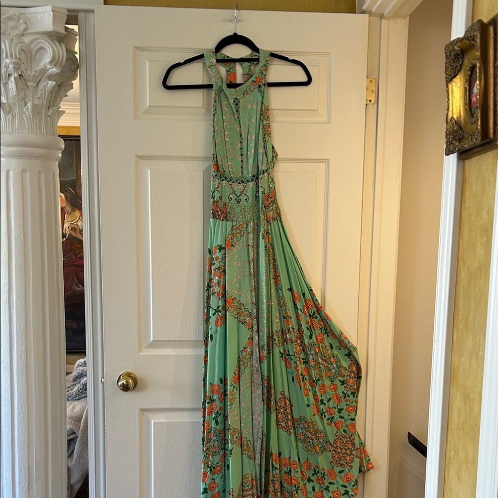 Jaase Mint & Orange Floral Halter Maxi Dress